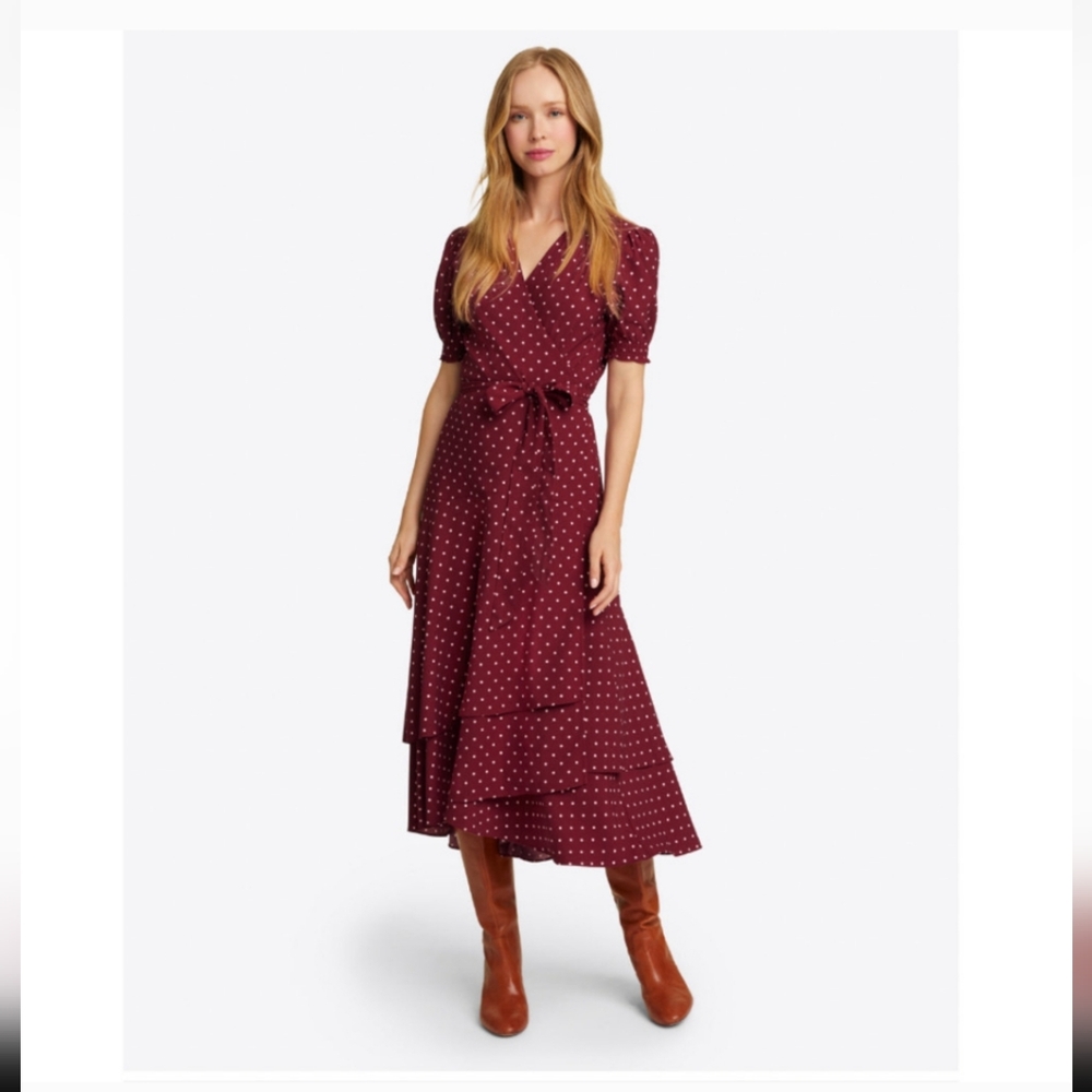 Draper James Naomi Wrap Dress in Merlot Polka Dot NWT